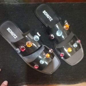 SCHULTZ SIZE 8 Black Slide Sandals with Colorful Gems